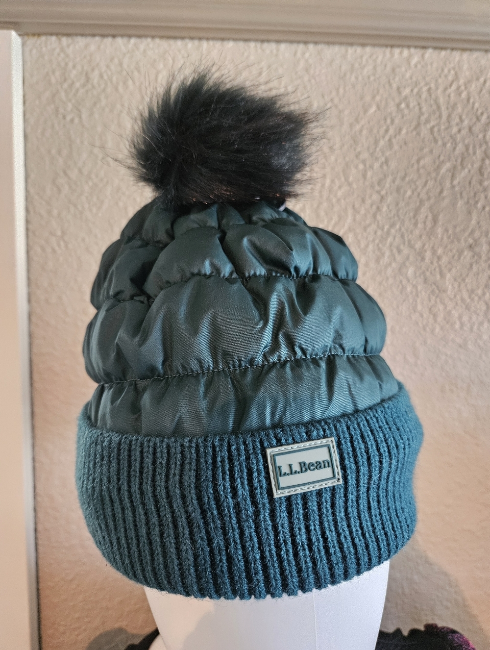 L.L. Bean Forest Green Quilted Pom Pom Beanie NWT